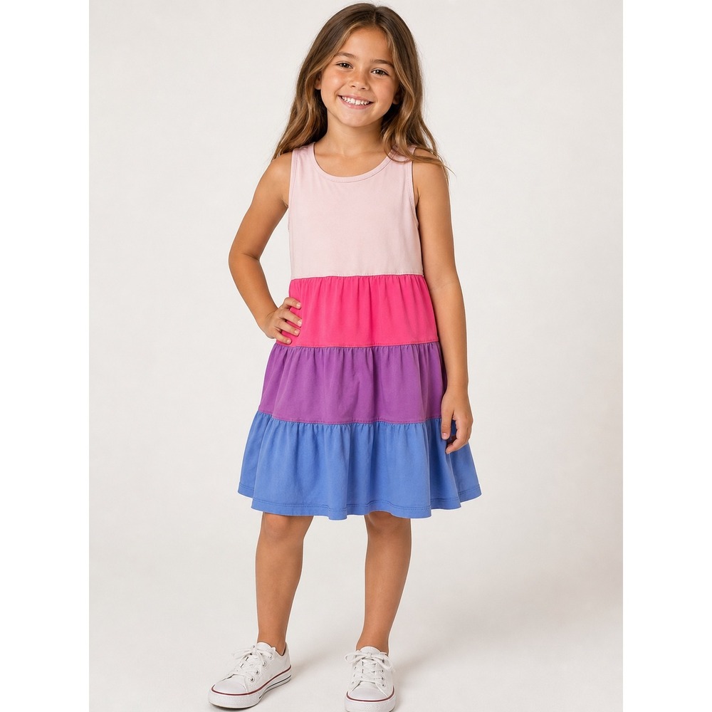 Hanna Andersson Girl Size 8 Colorblock Tiered Dress Pink Purple Blue Sleeveless
